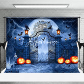 Aperturee - Aperturee Dark Gothic Halloween Holiday Backdrop Spooky Gate with Full Moon Lightning Bats and Jack-o’-Lanterns