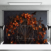 Aperturee - Aperturee Dark Gothic Ornate Metalwork Photography Backdrop with Autumn Leaves Pumpkins and Moths for Fall Halloween