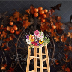 Aperturee - Aperturee Dark Gothic Ornate Metalwork Photography Backdrop with Autumn Leaves Pumpkins and Moths for Fall Halloween