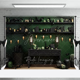 Aperturee - Aperturee Dark Green and Black Spooky Halloween Holiday Backdrop with Skulls Bats Spiderwebs and Pumpkins Decor