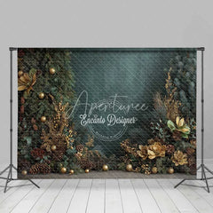 Aperturee - Aperturee Dark Green Christmas Backdrop Gold Ornament Pine Cone Floral Photography Background