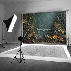 Aperturee - Aperturee Dark Green Christmas Backdrop Gold Ornament Pine Cone Floral Photography Background