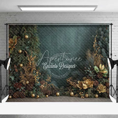 Aperturee - Aperturee Dark Green Christmas Backdrop Gold Ornament Pine Cone Floral Photography Background