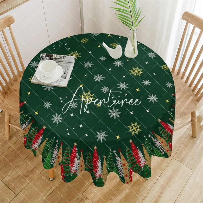 Aperturee - Aperturee Dark Green Christmas Tree and Snowflake Pattern Round Tablecloth Festive Holiday Winter Party Decor