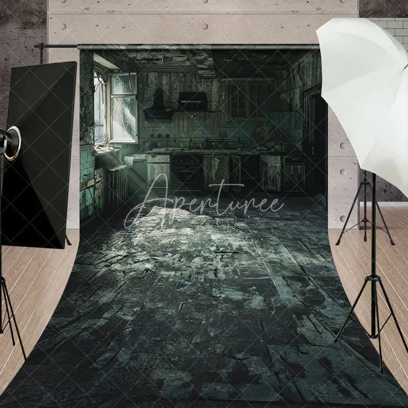 Aperturee - Aperturee Dark Green Distressed Abandoned Kitchen Sweep Backdrop Broken Window Light Ray Photography Prop