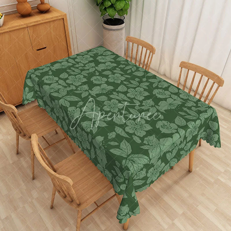 Aperturee - Aperturee Dark Green Floral Leaf Outline Pattern Rectangle Tablecloth Elegant Botanical Dining Decor Washable Kitchen Table