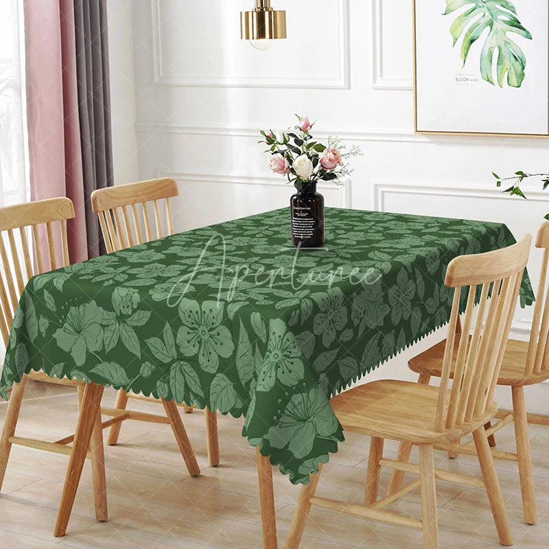 Aperturee - Aperturee Dark Green Floral Leaf Outline Pattern Rectangle Tablecloth Elegant Botanical Dining Decor Washable Kitchen Table