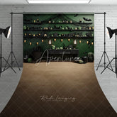 Aperturee - Aperturee Dark Green Gothic Halloween Decor Sweep Backdrop with Eerie Skulls Bats and Spiderwebs featuring Warm String Lights