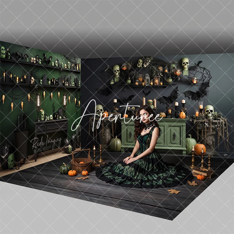 Aperturee - Aperturee Dark Green Halloween Room Set Backdrop with Spooky Skulls Pumpkins and Bats Gothic Party Decor
