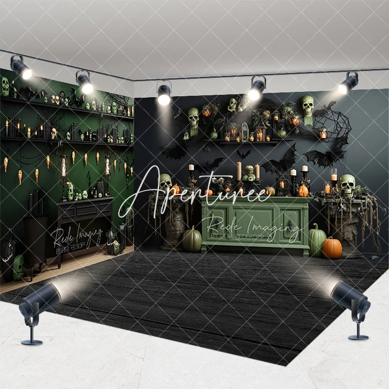 Aperturee - Aperturee Dark Green Halloween Room Set Backdrop with Spooky Skulls Pumpkins and Bats Gothic Party Decor