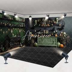 Aperturee - Aperturee Dark Green Halloween Room Set Backdrop with Spooky Skulls Pumpkins and Bats Gothic Party Decor