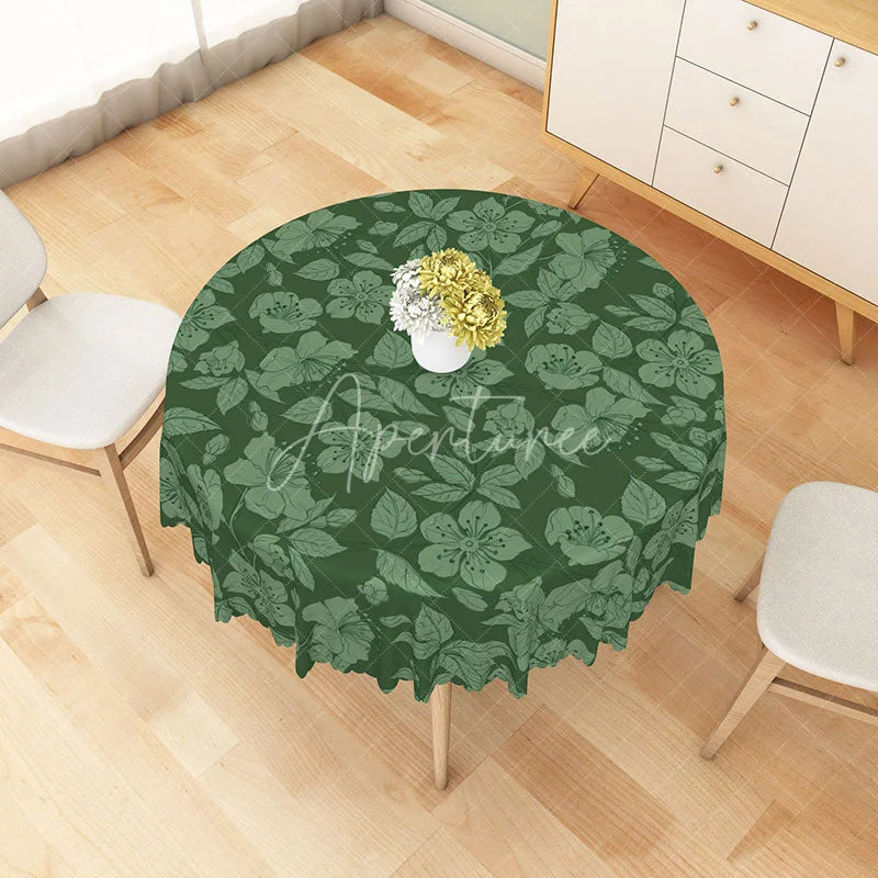 Aperturee - Aperturee Dark Green Tropical Floral Round Tablecloth Botanical Leaf and Flower Table Cover for Garden Party