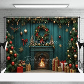 Aperturee - Aperturee Dark Green Wall Christmas Backdrop Fireplace Tree Red Ornament Background Vintage Living Room Holiday Party Decoration