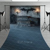 Aperturee - Aperturee Dark Grey Gothic Halloween Sweep Backdrop with Bat Winged Skull and Ornate Chests Elegant Spooky Party Decor
