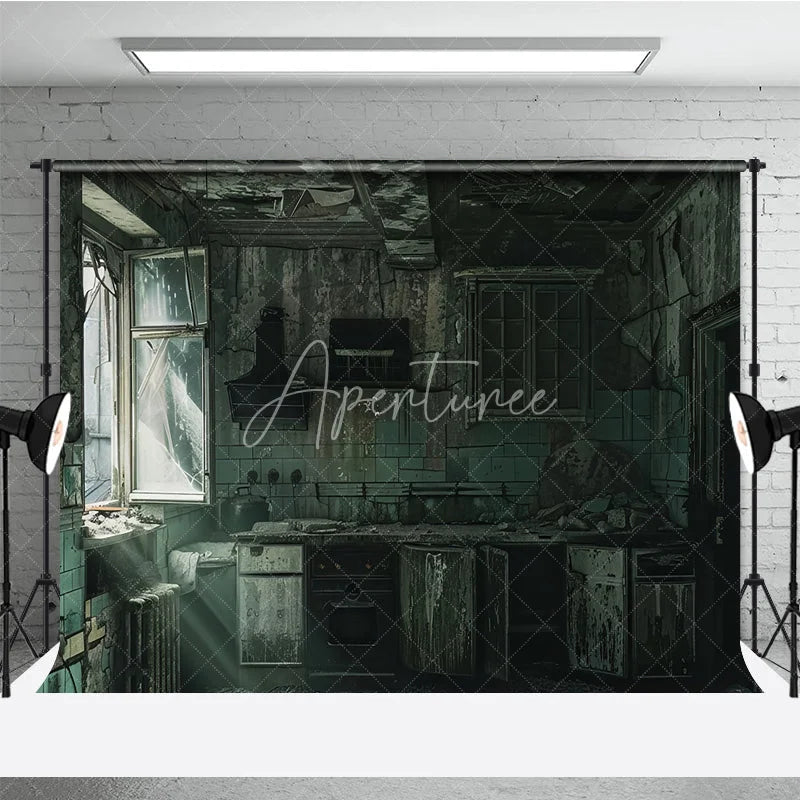 Aperturee - Aperturee Dark Grunge Ruined Kitchen Photography Backdrop with Broken Window and Peeling Paint Urban Decay Industrial Theme