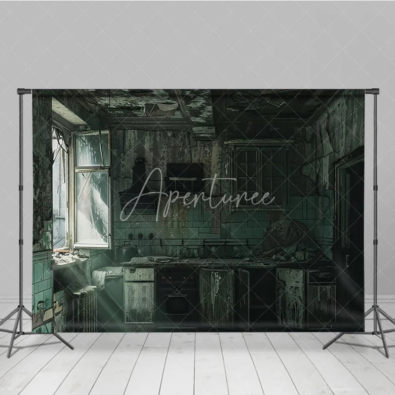 Aperturee - Aperturee Dark Grunge Ruined Kitchen Photography Backdrop with Broken Window and Peeling Paint Urban Decay Industrial Theme