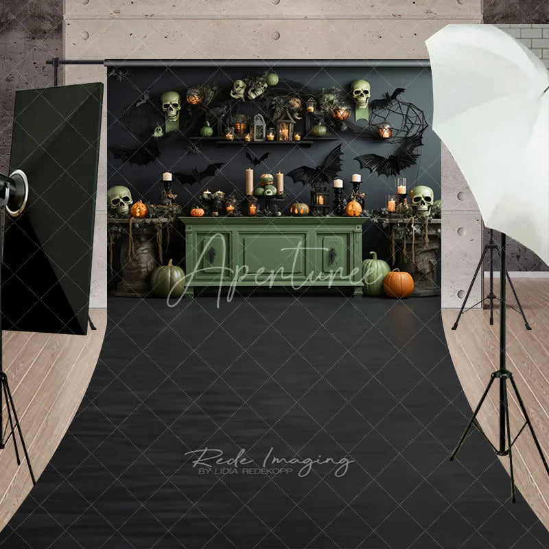 Aperturee - Aperturee Dark Halloween Spooky Skulls and Pumpkins Sweep Backdrop Gothic Bats and Candles Party Decor