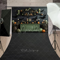 Aperturee - Aperturee Dark Halloween Spooky Skulls and Pumpkins Sweep Backdrop Gothic Bats and Candles Party Decor