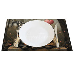 Aperturee - Aperturee Dark Hat Gnome Couple Set of 4 Placemats Forest Heart Valentine Decoration Whimsical Love Dining Table Mat
