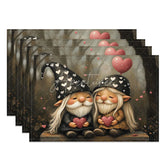 Aperturee - Aperturee Dark Hat Gnome Couple Set of 4 Placemats Forest Heart Valentine Decoration Whimsical Love Dining Table Mat