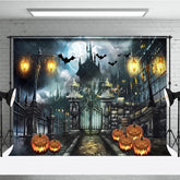 Aperturee - Aperturee Dark Haunted Castle and Full Moon Halloween Holiday Backdrop Featuring Flying Bats and Glowing Jack-o’-Lanterns