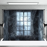 Aperturee - Aperturee Dark Haunted Window with Spiderwebs Holiday Backdrop Eerie Gothic Halloween Party Decor