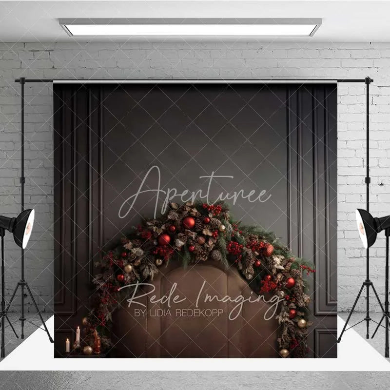 Aperturee - Aperturee Dark Moody Christmas Bed Backdrop Leather Headboard Pine Cone Garland Black Wall Photo Background