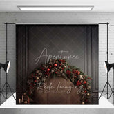 Aperturee - Aperturee Dark Moody Christmas Bed Backdrop Leather Headboard Pine Cone Garland Black Wall Photo Background