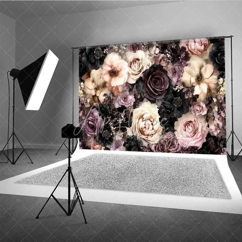 Aperturee - Aperturee Dark Moody Floral Photography Backdrop Black Pink Roses Gold Glitter Background Vintage Gothic Photo Prop