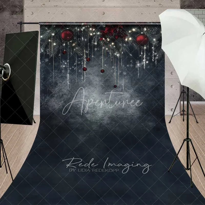 Aperturee - Aperturee Dark Moody Winter Night Sweep Backdrop Hanging Icicles Red Ornaments Texture Floor Photo Background
