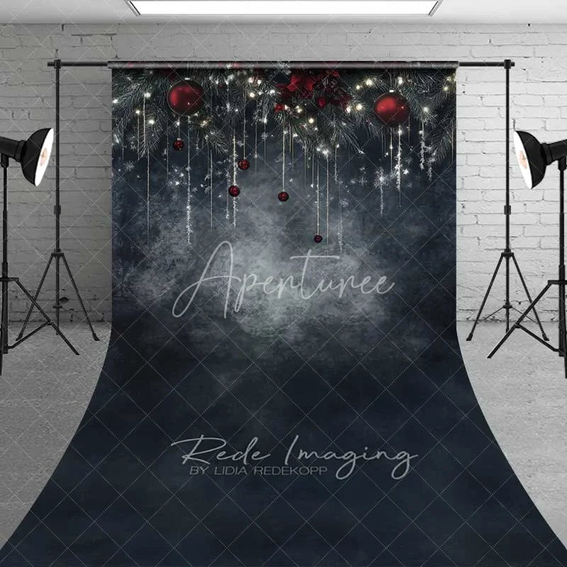 Aperturee - Aperturee Dark Moody Winter Night Sweep Backdrop Hanging Icicles Red Ornaments Texture Floor Photo Background