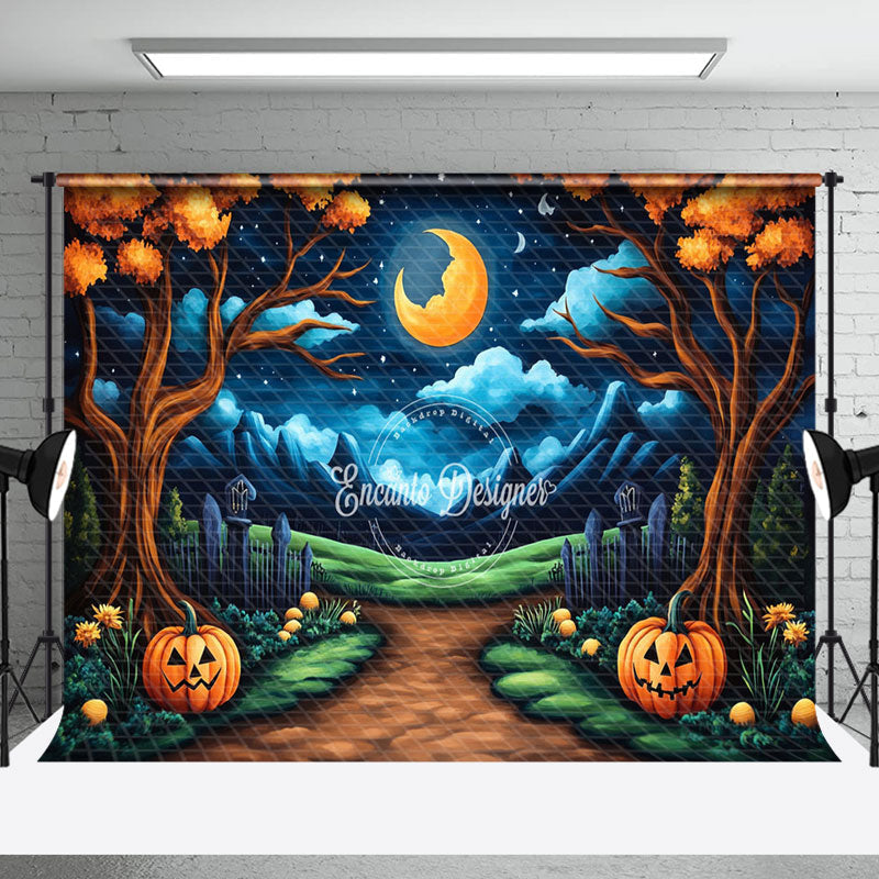 Aperturee - Aperturee Dark Moon Night Pumpkin Trees Halloween Backdrop