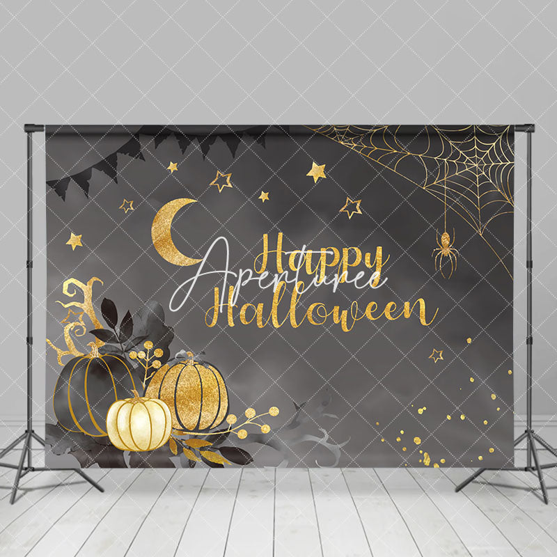Aperturee - Aperturee Dark Night Gold Pumpkins Moon Halloween Backdrop