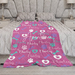 Aperturee - Aperturee Dark Pink Paw Print Bone Custom Pet Name Blanket