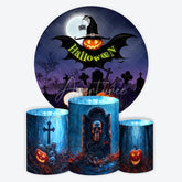 Aperturee - Aperturee Dark Purple Halloween Graveyard Round Backdrop Kit with Witch Hat Pumpkin and Skulls Spooky Party Decor