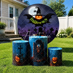 Aperturee - Aperturee Dark Purple Halloween Graveyard Round Backdrop Kit with Witch Hat Pumpkin and Skulls Spooky Party Decor