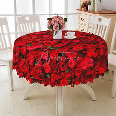 Aperturee - Aperturee Dark Red Rose Round Tablecloth Realistic Flower Bloom Table Cover for Anniversary