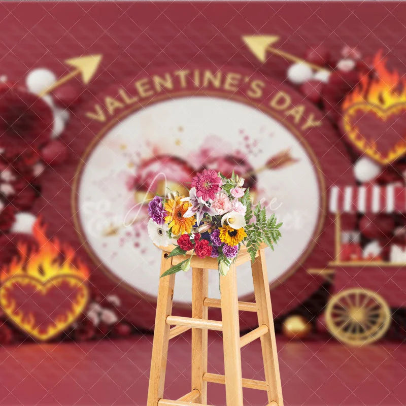 Aperturee - Aperturee Dark Red Valentine Day Backdrop Cupid Arrow Flaming Heart Flower Cart Background Passionate Photography Prop
