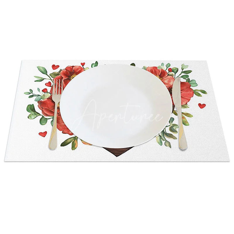 Aperturee - Aperturee Dark Wood Heart Floral Set of 4 Placemats Red Flower Valentine Decoration Rustic Love Dining Table Mat