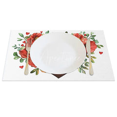 Aperturee - Aperturee Dark Wood Heart Floral Set of 4 Placemats Red Flower Valentine Decoration Rustic Love Dining Table Mat