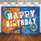 Aperturee Aperturee Dart War Birthday Backdrop Orange and Blue Brick Wall Target Banner Blaster Themed Party Supplies for Boys