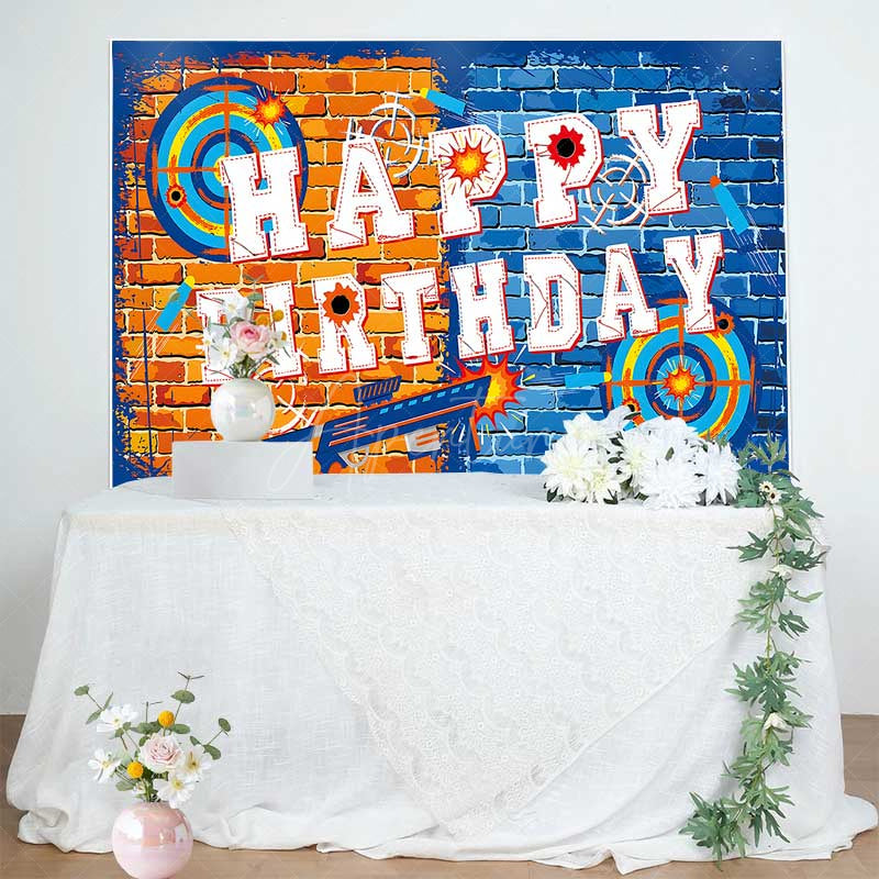 Aperturee Aperturee Dart War Birthday Backdrop Orange and Blue Brick Wall Target Banner Blaster Themed Party Supplies for Boys