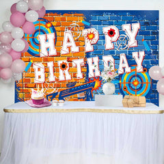 Aperturee Aperturee Dart War Birthday Backdrop Orange and Blue Brick Wall Target Banner Blaster Themed Party Supplies for Boys