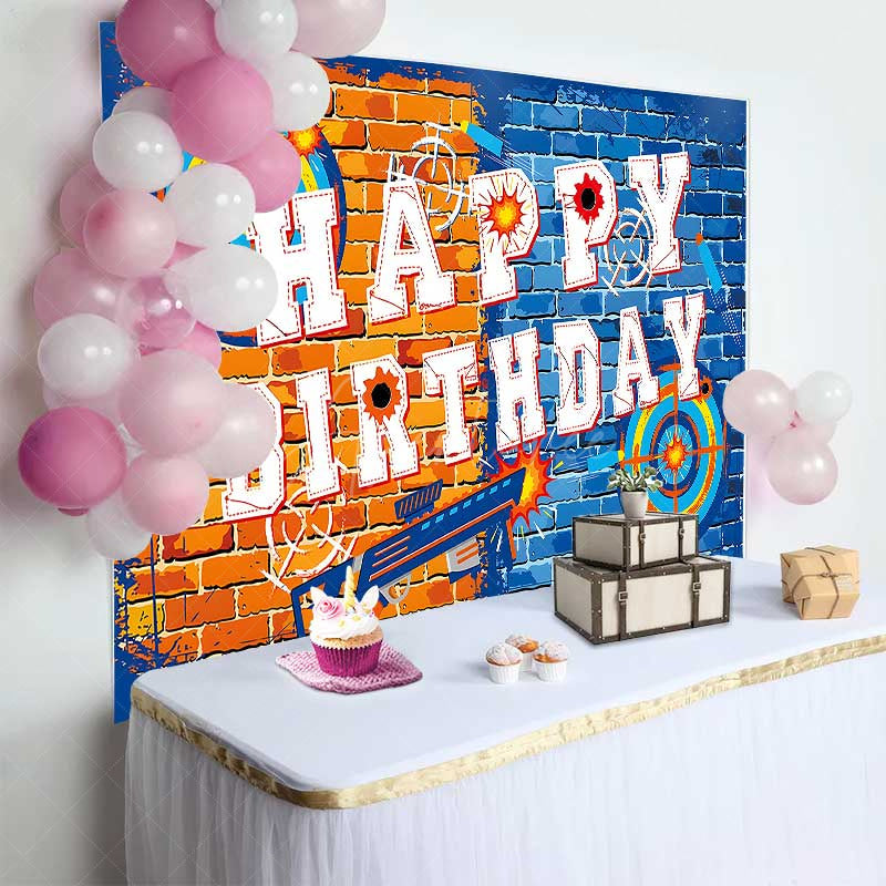Aperturee Aperturee Dart War Birthday Backdrop Orange and Blue Brick Wall Target Banner Blaster Themed Party Supplies for Boys
