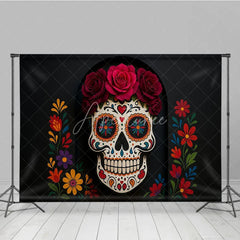 Aperturee - Aperturee Day of the Dead Photography Backdrop Floral Sugar Skull Calavera for Dia de los Muertos Halloween Altar Decor