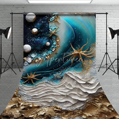 Aperturee - Aperturee Deep Blue and Gold Abstract Ocean Waves Sweep Backdrop with Sparkling Starfish Elegant Photography Studio Decor