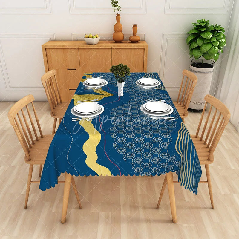 Aperturee - Aperturee Deep Blue and Gold Abstract Wave Rectangle Tablecloth Elegant Spiral Pattern for Modern Dining Decor