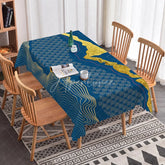 Aperturee - Aperturee Deep Blue and Gold Abstract Wave Rectangle Tablecloth Elegant Spiral Pattern for Modern Dining Decor