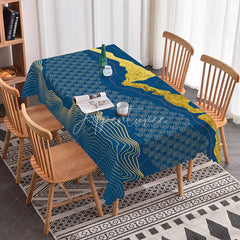 Aperturee - Aperturee Deep Blue and Gold Abstract Wave Rectangle Tablecloth Elegant Spiral Pattern for Modern Dining Decor