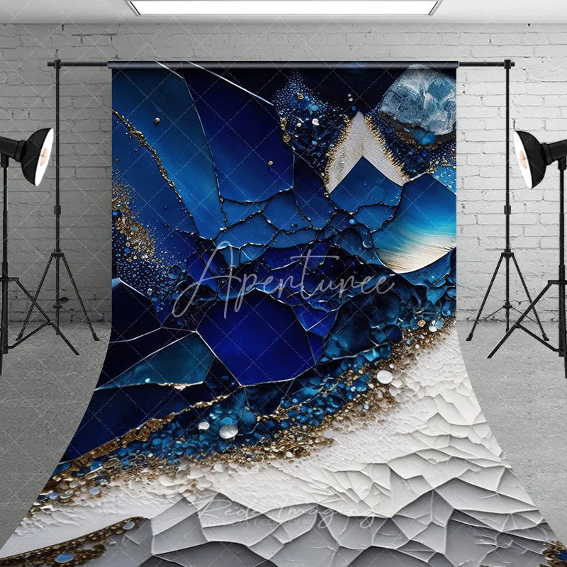 Aperturee - Aperturee Deep Blue and Gold Glitter Abstract Sweep Backdrop Luxurious Geometric Mosaic Design for Photography
